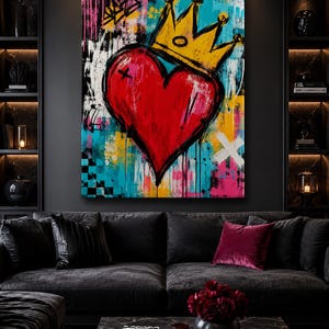 May include: A rectangular canvas wall art piece featuring a large, central red heart topped with a yellow crown. The background is a vibrant mix of turquoise, pink, yellow, and white paint splatters, drips, and abstract geometric shapes.