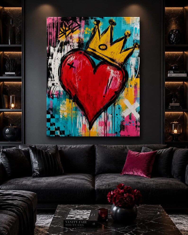 May include: A rectangular canvas wall art piece featuring a large, central red heart topped with a yellow crown. The background is a vibrant mix of turquoise, pink, yellow, and white paint splatters, drips, and abstract geometric shapes.