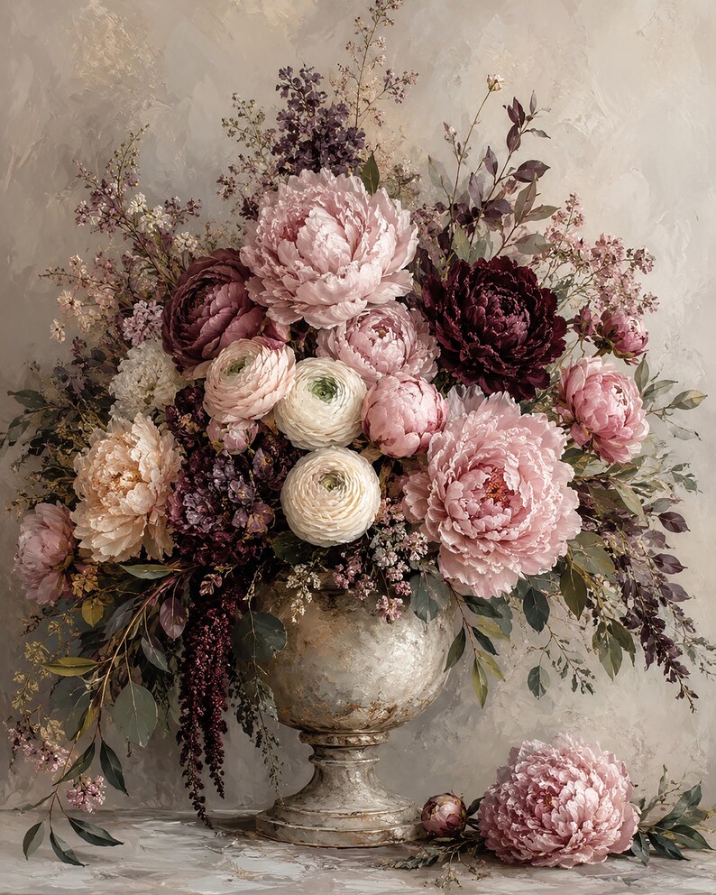 May include: A large floral arrangement in a weathered stone-colored pedestal vase, featuring a mix of peonies, ranunculus, and small filler flowers in shades of blush pink, deep burgundy, cream, and muted purple, with green foliage.