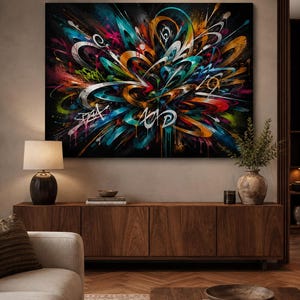 May include: A rectangular wall art piece featuring a vibrant, abstract graffiti-style composition with swirling lines in teal, orange, magenta, and white against a deep black background, incorporating stylized white lettering and paint drips.