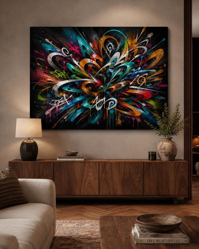 May include: A rectangular wall art piece featuring a vibrant, abstract graffiti-style composition with swirling lines in teal, orange, magenta, and white against a deep black background, incorporating stylized white lettering and paint drips.
