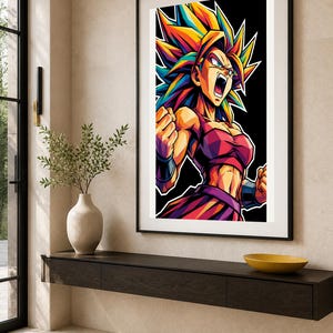 May include: A framed vertical wall art print featuring a stylised anime character with spiky, multi-coloured hair in shades of yellow, orange, and blue. The character has a determined expression, wearing a dark red top and purple skirt against a black background.