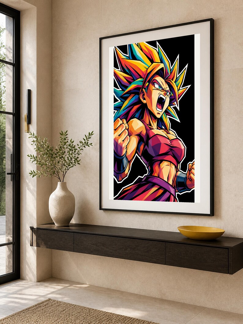 May include: A framed vertical wall art print featuring a stylised anime character with spiky, multi-coloured hair in shades of yellow, orange, and blue. The character has a determined expression, wearing a dark red top and purple skirt against a black background.
