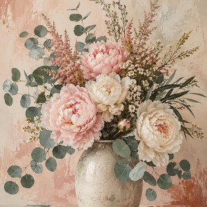 Puede incluir: Un arreglo floral con grandes peon&iacute;as de color rosa p&aacute;lido y blanco, delicada astilbe rosa y hojas redondas de eucalipto. Las flores se exhiben en un jarr&oacute;n de cer&aacute;mica redondeado y moteado con un acabado neutro y desgastado.