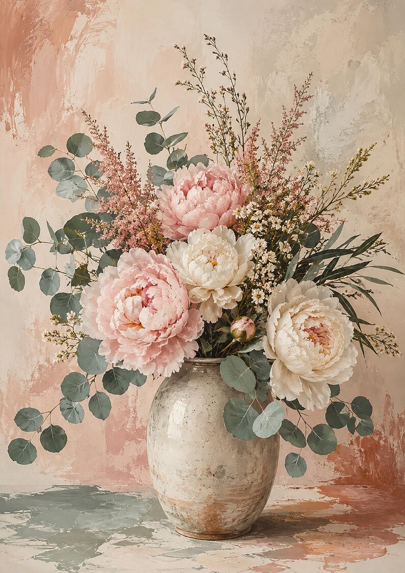 Puede incluir: Un arreglo floral con grandes peon&iacute;as de color rosa p&aacute;lido y blanco, delicada astilbe rosa y hojas redondas de eucalipto. Las flores se exhiben en un jarr&oacute;n de cer&aacute;mica redondeado y moteado con un acabado neutro y desgastado.