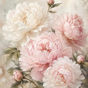Puede incluir: Un arreglo floral con grandes flores de peon&iacute;a en capas en tonos crema, rosa suave y rubor. La composici&oacute;n incluye varias flores completamente abiertas junto a tres capullos de peon&iacute;a m&aacute;s peque&ntilde;os y cerrados, sobre un fondo texturizado de tonos neutros con follaje verde apagado.