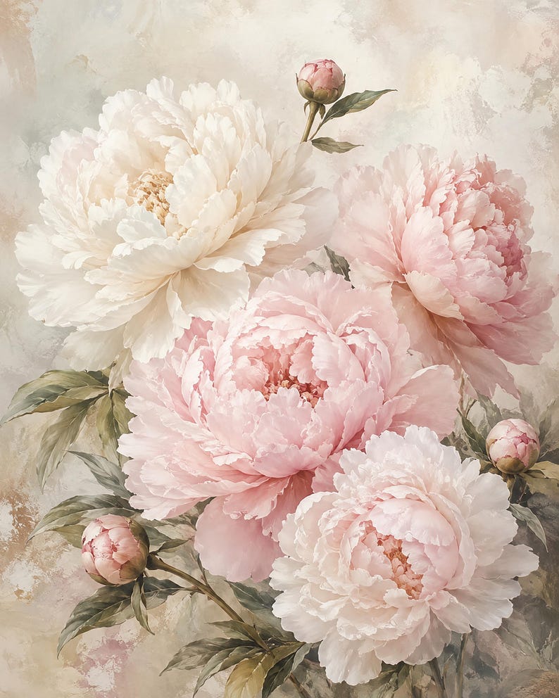 Puede incluir: Un arreglo floral con grandes flores de peon&iacute;a en capas en tonos crema, rosa suave y rubor. La composici&oacute;n incluye varias flores completamente abiertas junto a tres capullos de peon&iacute;a m&aacute;s peque&ntilde;os y cerrados, sobre un fondo texturizado de tonos neutros con follaje verde apagado.
