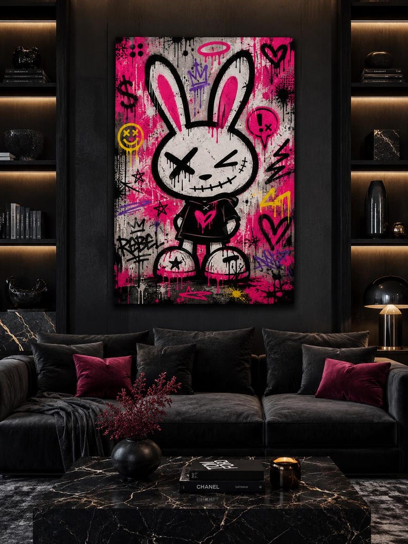 May include: A rectangular wall art piece featuring a stylized cartoon rabbit with X-shaped eyes and a stitched mouth. The character wears a black hoodie with a pink heart, set against a vibrant pink and black graffiti-style background with symbols.