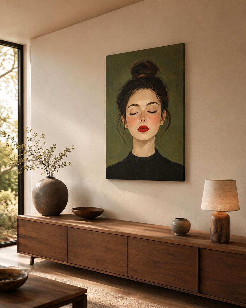 Puede incluir: Una impresi&oacute;n de arte mural rectangular que muestra el retrato de una persona con cabello oscuro recogido en un mo&ntilde;o alto, ojos cerrados y l&aacute;piz labial rojo brillante. El sujeto viste una prenda negra de cuello alto sobre un fondo verde oliva.