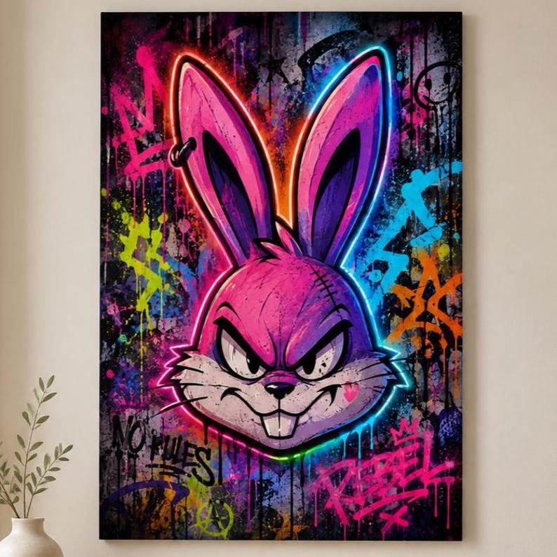 Peut inclure: Une impression murale rectangulaire repr&eacute;sentant une t&ecirc;te de lapin rose et violette lumineuse avec une expression en col&egrave;re. Le fond est une fresque murale de style graffiti sombre et multicolore avec des &eacute;claboussures de peinture n&eacute;on.