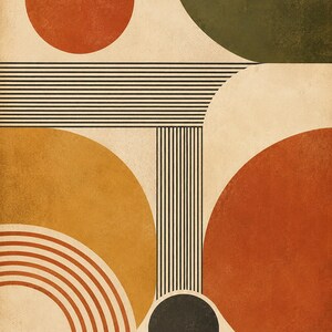 Puede incluir: Una impresi&oacute;n de arte gr&aacute;fico con una composici&oacute;n de formas geom&eacute;tricas que incluyen c&iacute;rculos, semic&iacute;rculos y l&iacute;neas paralelas. La paleta de colores consiste en terracota, amarillo mostaza, verde oliva y negro sobre un fondo blanco roto texturizado.