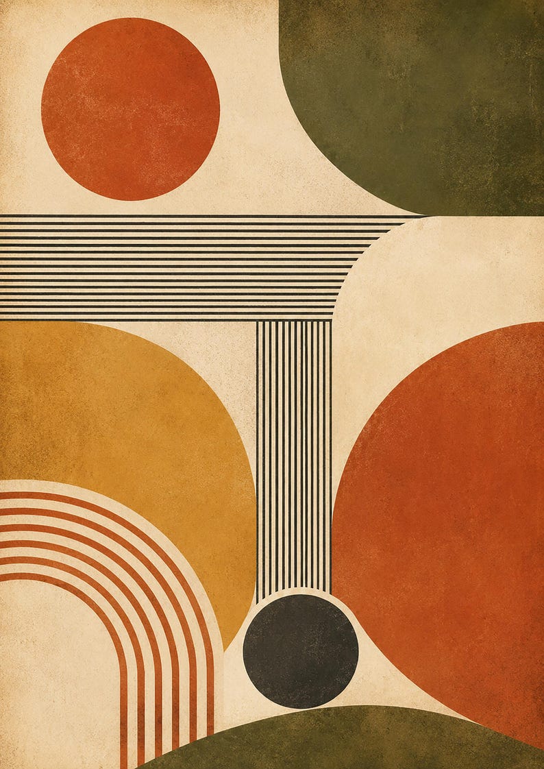 Puede incluir: Una impresi&oacute;n de arte gr&aacute;fico con una composici&oacute;n de formas geom&eacute;tricas que incluyen c&iacute;rculos, semic&iacute;rculos y l&iacute;neas paralelas. La paleta de colores consiste en terracota, amarillo mostaza, verde oliva y negro sobre un fondo blanco roto texturizado.