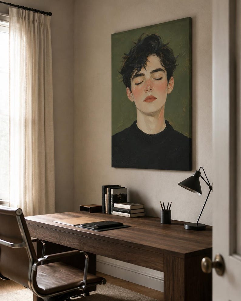May include: A vertical canvas wall art print featuring a portrait of a person with dark, messy hair and closed eyes, wearing a black sweater against a muted olive green background. The painting style is soft with visible brushstrokes and warm skin tones.