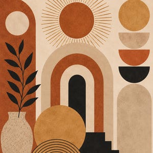K&ouml;nnte beinhalten: Ein Wandkunstdruck mit strukturiertem beigem Hintergrund und geometrischen Formen, darunter eine Sonne mit Strahlen, konzentrische B&ouml;gen, eine Vase mit einer schwarzen Blattpflanze, gestapelte Kreise und eine Treppensilhouette in Terrakotta, Beige und Schwarz.