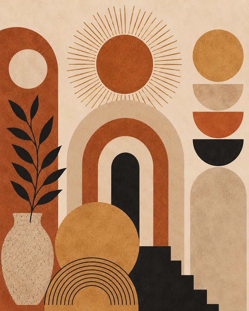 K&ouml;nnte beinhalten: Ein Wandkunstdruck mit strukturiertem beigem Hintergrund und geometrischen Formen, darunter eine Sonne mit Strahlen, konzentrische B&ouml;gen, eine Vase mit einer schwarzen Blattpflanze, gestapelte Kreise und eine Treppensilhouette in Terrakotta, Beige und Schwarz.