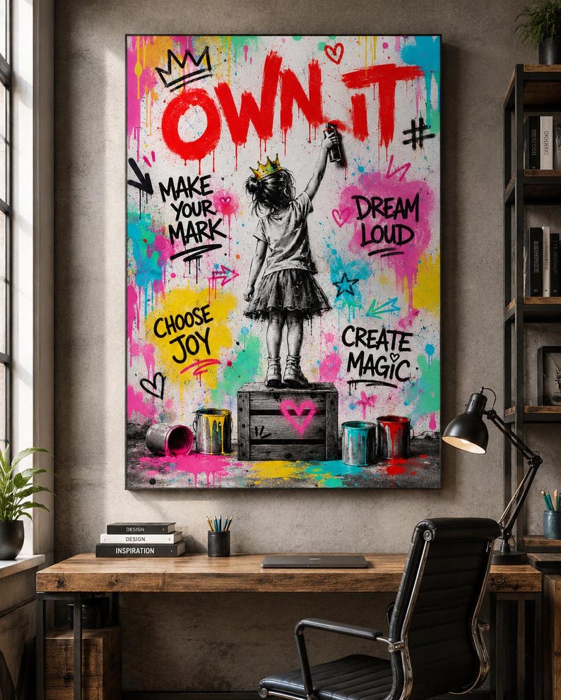 May include: A vertical wall art print featuring a black and white illustration of a child wearing a crown, standing on a wooden crate and spray painting the text OWN IT in red. The background is a vibrant graffiti collage with colorful paint splatters.