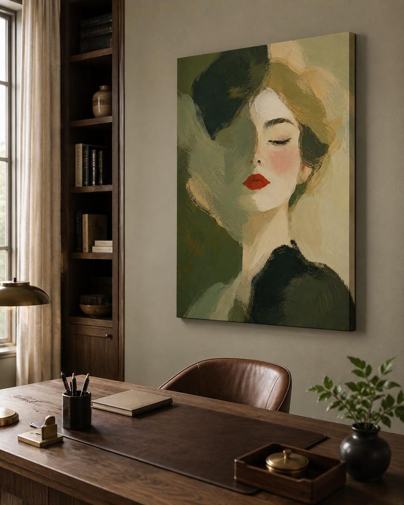 May include: A rectangular canvas wall art piece featuring an impressionistic portrait of a person with closed eyes, painted in shades of olive green, sage, and cream, with a striking pop of bright red lipstick on the lips and dark green clothing.