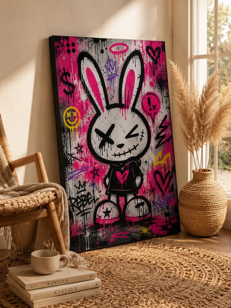 May include: A rectangular canvas wall art piece featuring a stylized white rabbit character with black outlines, X-shaped eyes, and a stitched mouth. The background is a vibrant mix of hot pink, black, and white graffiti with symbols like hearts, stars, and the word REBEL.