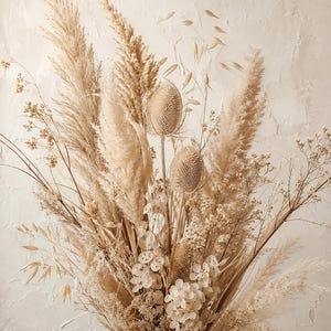 Pu&ograve; includere: Una composizione di fiori secchi con erba della pampa beige, teste di semi di cardo spinose, delicate monete di lunaria e sottili steli di avena. Il bouquet presenta una tavolozza monocromatica di toni crema e marrone con texture varie.