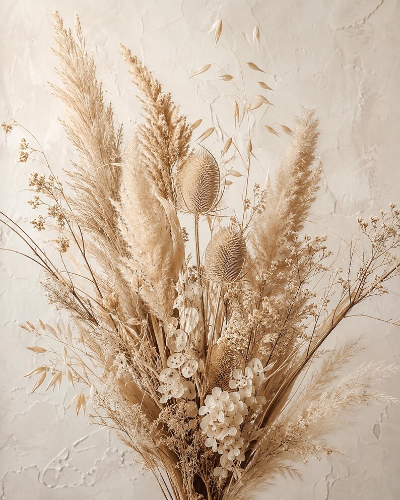Pu&ograve; includere: Una composizione di fiori secchi con erba della pampa beige, teste di semi di cardo spinose, delicate monete di lunaria e sottili steli di avena. Il bouquet presenta una tavolozza monocromatica di toni crema e marrone con texture varie.