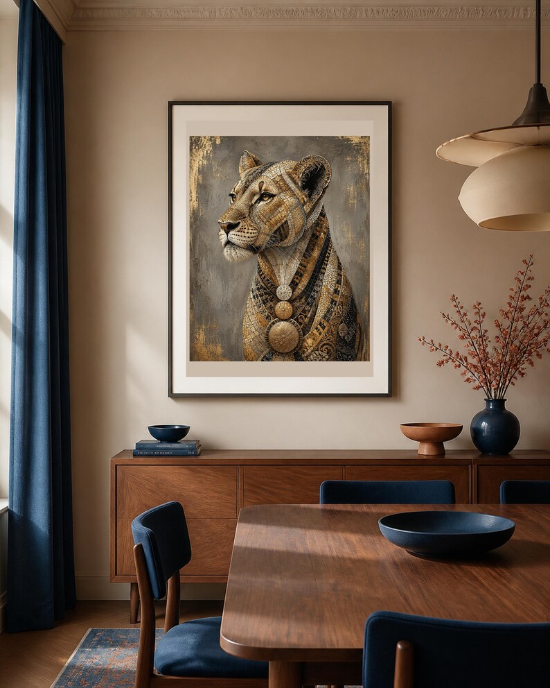 May include: A framed wall art print featuring a stylized lioness portrait. The lioness is rendered in shades of gold, brown, and black with intricate geometric patterns and layered circular medallions around the neck, set against a textured gray background.