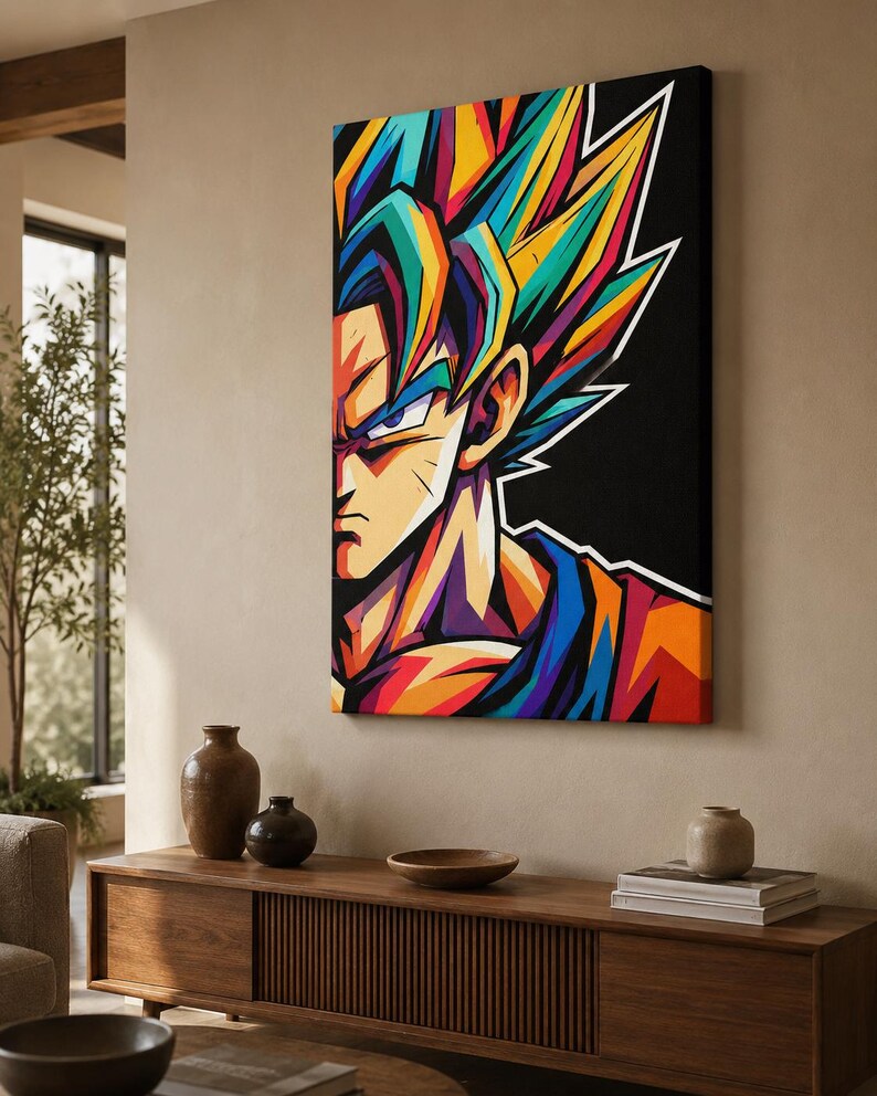 Op de afbeelding: Een rechthoekige canvas print met een gestileerd, levendig pop-art portret van een personage met stekelig haar. Het kunstwerk gebruikt gedurfde, verzadigde kleuren waaronder blauw, geel, oranje en rood tegen een effen zwarte achtergrond.