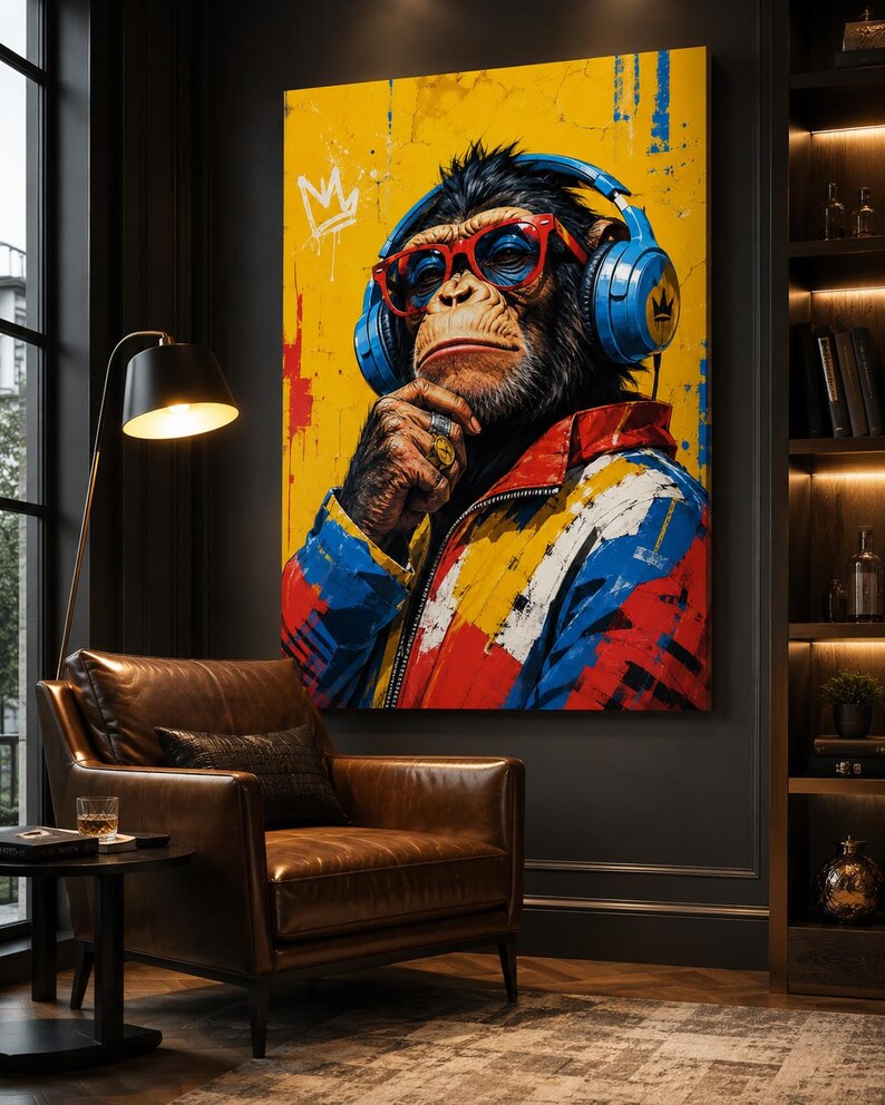 May include: A rectangular wall art print featuring a stylized chimpanzee wearing bright blue headphones, red-rimmed glasses, and a colorful jacket with red, blue, and yellow paint splatters. A white crown icon is painted in the top left corner.