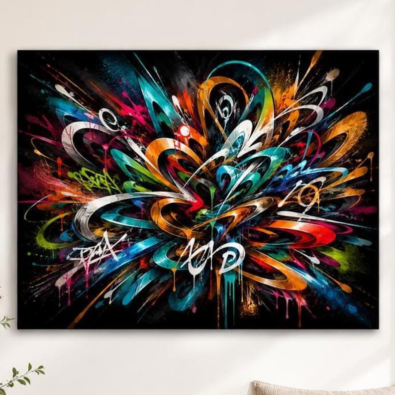 May include: A rectangular wall art piece featuring a vibrant abstract graffiti composition on a black background. The design consists of swirling, layered shapes in bright orange, teal, blue, and white, with paint drips and stylized white lettering.