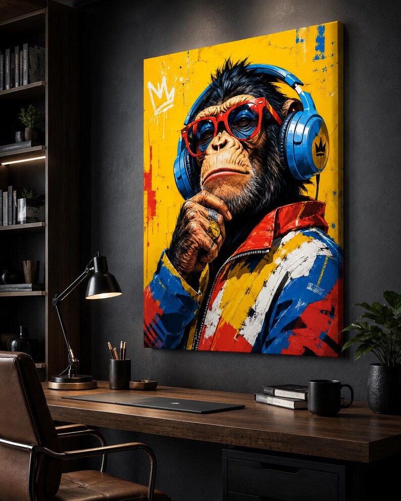 May include: A rectangular canvas wall art print featuring a chimpanzee wearing bright blue headphones, red-rimmed glasses, and a colorful jacket with red, blue, and yellow paint splatters. A white crown icon is visible in the top left corner.