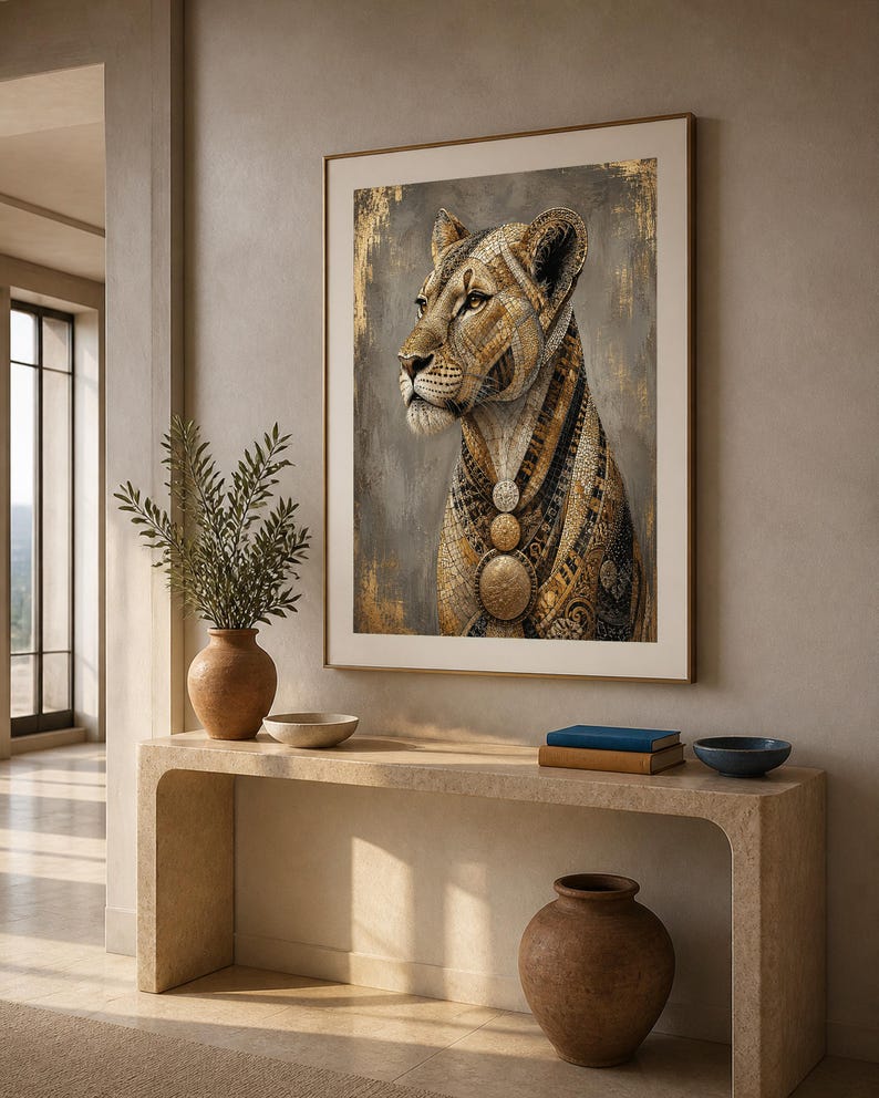 May include: A framed wall art print featuring a stylized lion portrait with intricate gold, black, and brown geometric patterns. The lion is depicted in profile, adorned with three circular medallions around its neck against a textured gray background.