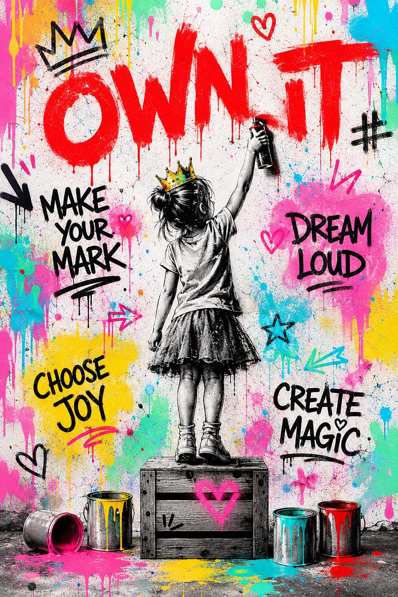 May include: A wall art print featuring a child wearing a crown, standing on a wooden crate, spray painting the text OWN IT. The background is a vibrant graffiti mural with splashes of pink, yellow, and blue, including the phrases MAKE YOUR MARK, DREAM LOUD, CHOOSE JOY, and CREATE MAGIC.
