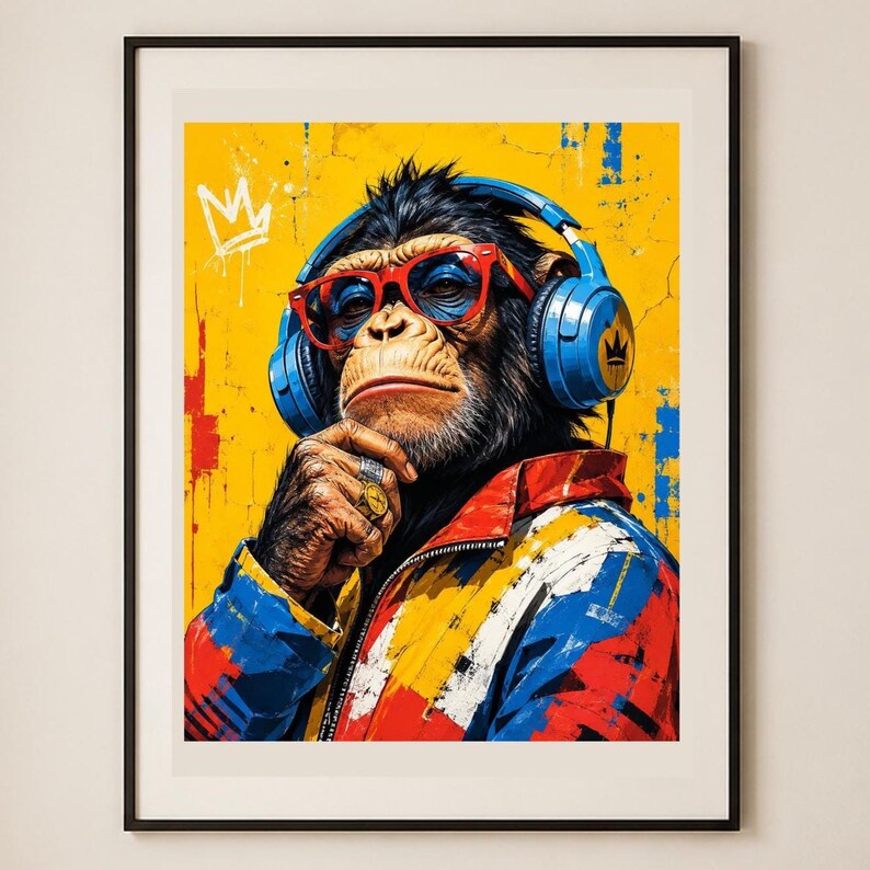 May include: A framed wall art print featuring a chimpanzee wearing bright red-rimmed glasses and blue over-ear headphones. The chimpanzee wears a colorful jacket with red, yellow, and blue paint splatters. A white crown graphic is in the top left corner.