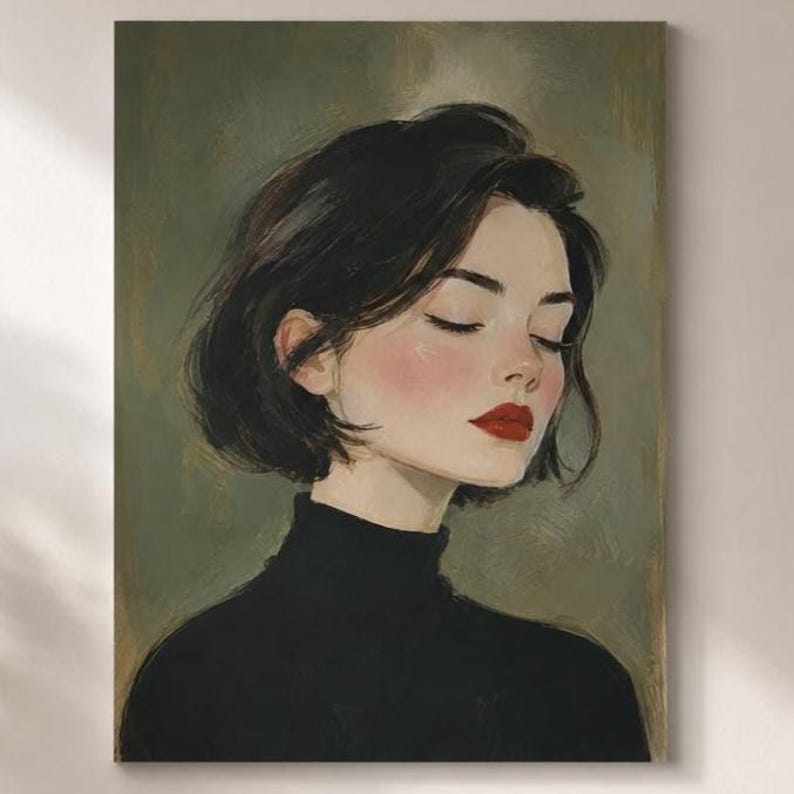 Puede incluir: Una pintura al &oacute;leo de una persona con cabello corto oscuro y un su&eacute;ter de cuello alto negro. El sujeto tiene los ojos cerrados, mejillas sonrosadas y labios rojos brillantes, sobre un fondo verde oliva con texturas de pincel visibles.