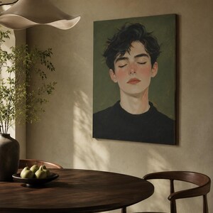 May include: A rectangular wall art print featuring a digital painting of a person with dark, messy hair and closed eyes, wearing a black sweater against a muted olive green background. The portrait captures a serene expression with soft pink cheeks.