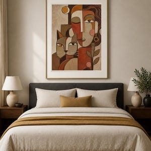 May include: A framed wall art print featuring a stylized cubist-inspired portrait of a person and a cat. The artwork uses a warm color palette of terracotta, beige, and brown tones, depicting geometric facial features and a cat with pointed ears.