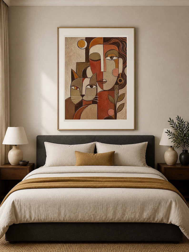 May include: A framed wall art print featuring a stylized cubist-inspired portrait of a person and a cat. The artwork uses a warm color palette of terracotta, beige, and brown tones, depicting geometric facial features and a cat with pointed ears.