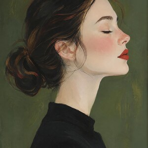 Puede incluir: Una pintura al &oacute;leo que representa el perfil de una persona con cabello casta&ntilde;o oscuro recogido en un mo&ntilde;o desordenado. El sujeto tiene los ojos cerrados, mejillas sonrosadas y labios rojos brillantes, vistiendo una prenda negra sobre un fondo verde oliva.