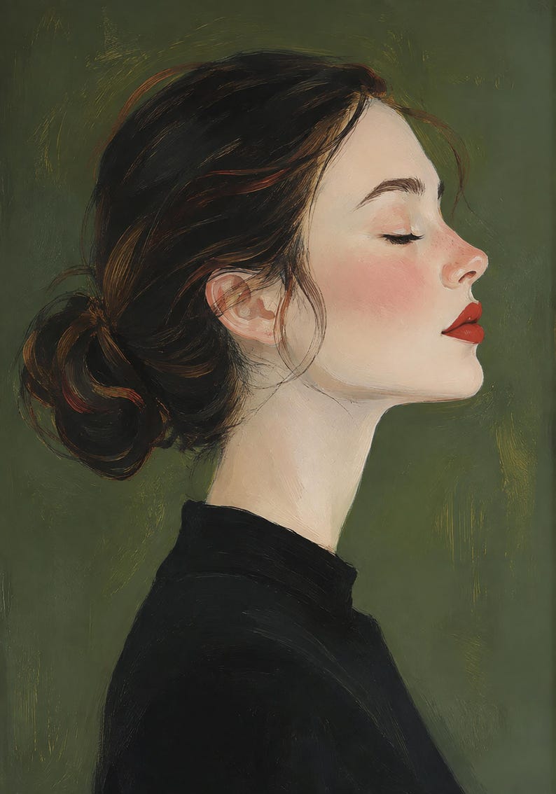 Puede incluir: Una pintura al &oacute;leo que representa el perfil de una persona con cabello casta&ntilde;o oscuro recogido en un mo&ntilde;o desordenado. El sujeto tiene los ojos cerrados, mejillas sonrosadas y labios rojos brillantes, vistiendo una prenda negra sobre un fondo verde oliva.