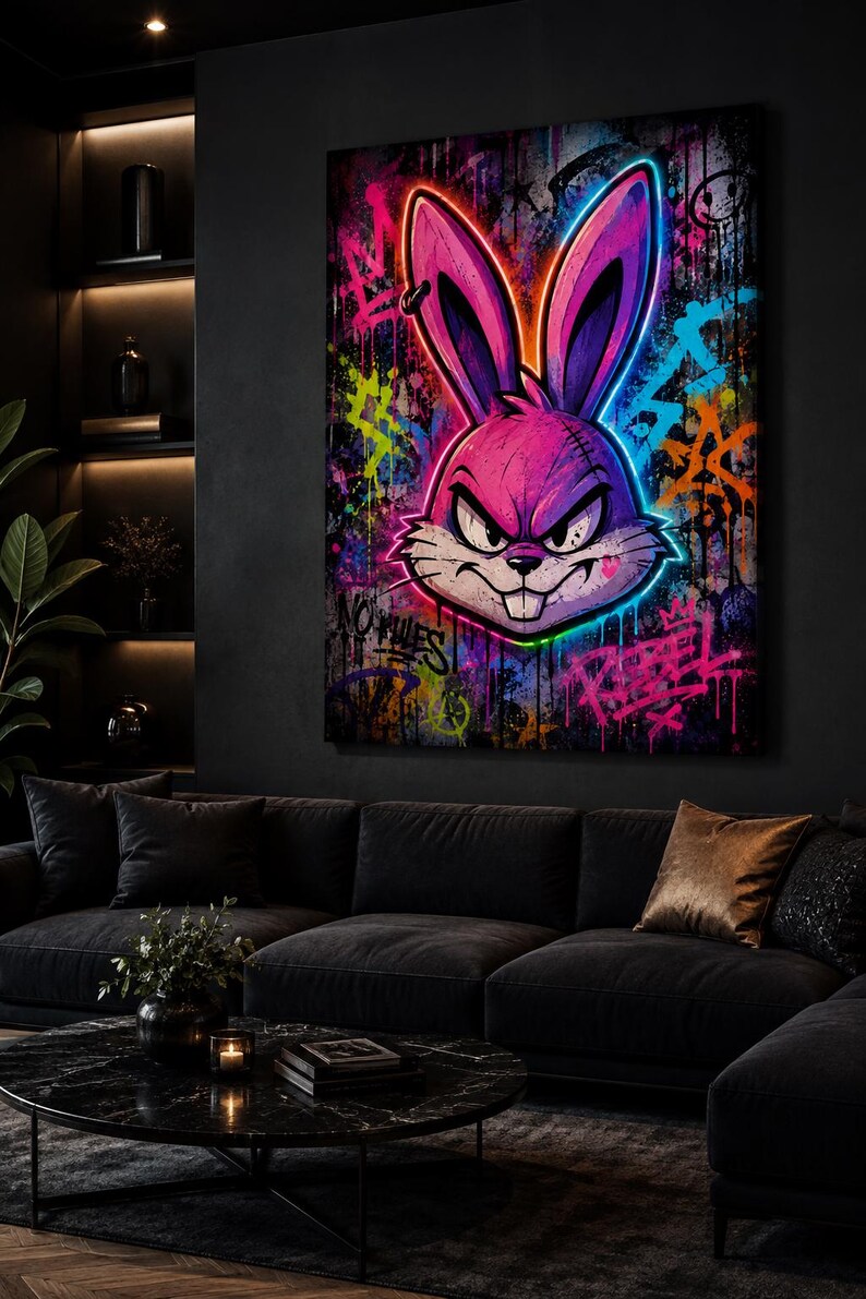 Peut inclure: Une &oelig;uvre d'art murale rectangulaire repr&eacute;sentant une t&ecirc;te de lapin violette stylis&eacute;e aux contours n&eacute;on avec une expression col&eacute;rique. Le fond est une surface sombre et textur&eacute;e couverte d'&eacute;claboussures de peinture graffiti et du mot Rebel en rose.