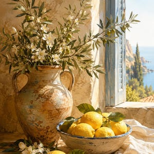 Pode incluir: Uma &acirc;nfora de cer&acirc;mica r&uacute;stica e desgastada com duas al&ccedil;as cont&eacute;m um ramo de oliveira com pequenas azeitonas verdes e flores brancas. Uma tigela de cer&acirc;mica a condizer, cheia de lim&otilde;es amarelos brilhantes, est&aacute; colocada ao lado.