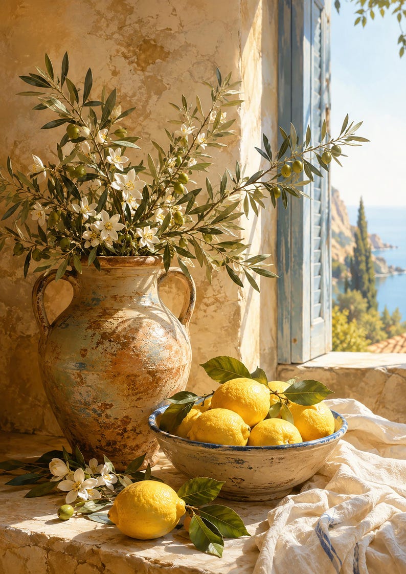 Pode incluir: Uma &acirc;nfora de cer&acirc;mica r&uacute;stica e desgastada com duas al&ccedil;as cont&eacute;m um ramo de oliveira com pequenas azeitonas verdes e flores brancas. Uma tigela de cer&acirc;mica a condizer, cheia de lim&otilde;es amarelos brilhantes, est&aacute; colocada ao lado.