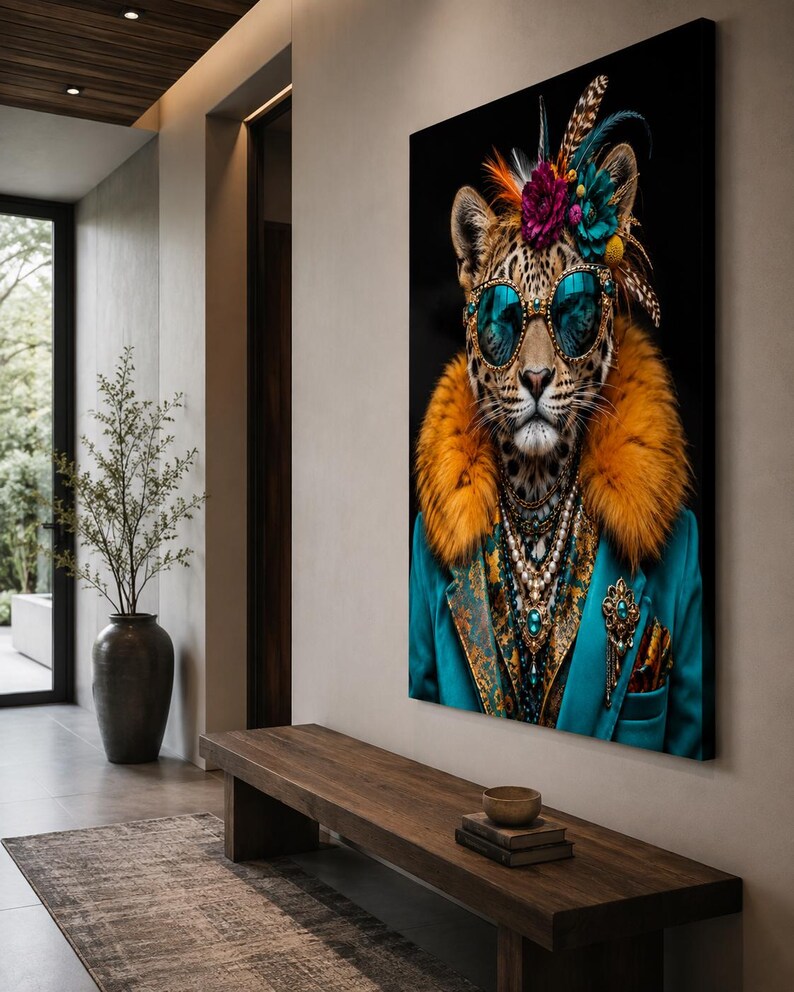 Pu&ograve; includere: Una stampa artistica da parete rettangolare raffigurante un leopardo che indossa occhiali da sole color verde acqua, un grande colletto in pelliccia sintetica arancione, un blazer verde acqua e diverse collane di perle e pietre preziose.