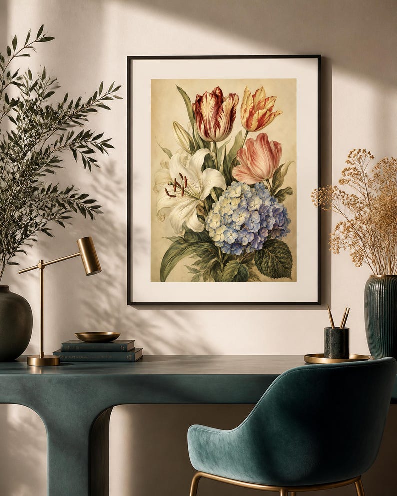 May include: A framed botanical wall art print featuring a bouquet of flowers including a large white lily, a blue hydrangea, and red and yellow tulips against a cream background, displayed in a thin black frame on a light-colored wall.
