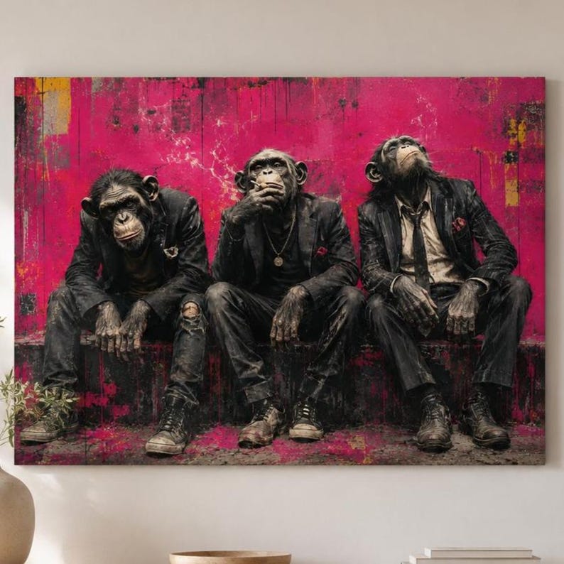 Puede incluir: Una impresi&oacute;n de arte mural rectangular que muestra a tres chimpanc&eacute;s vestidos con trajes oscuros y zapatos de vestir, sentados uno al lado del otro sobre un fondo vibrante y desgastado de color magenta y negro. Los chimpanc&eacute;s est&aacute;n alineados, uno mirando hacia abajo, otro hacia adelante y otro hacia arriba.