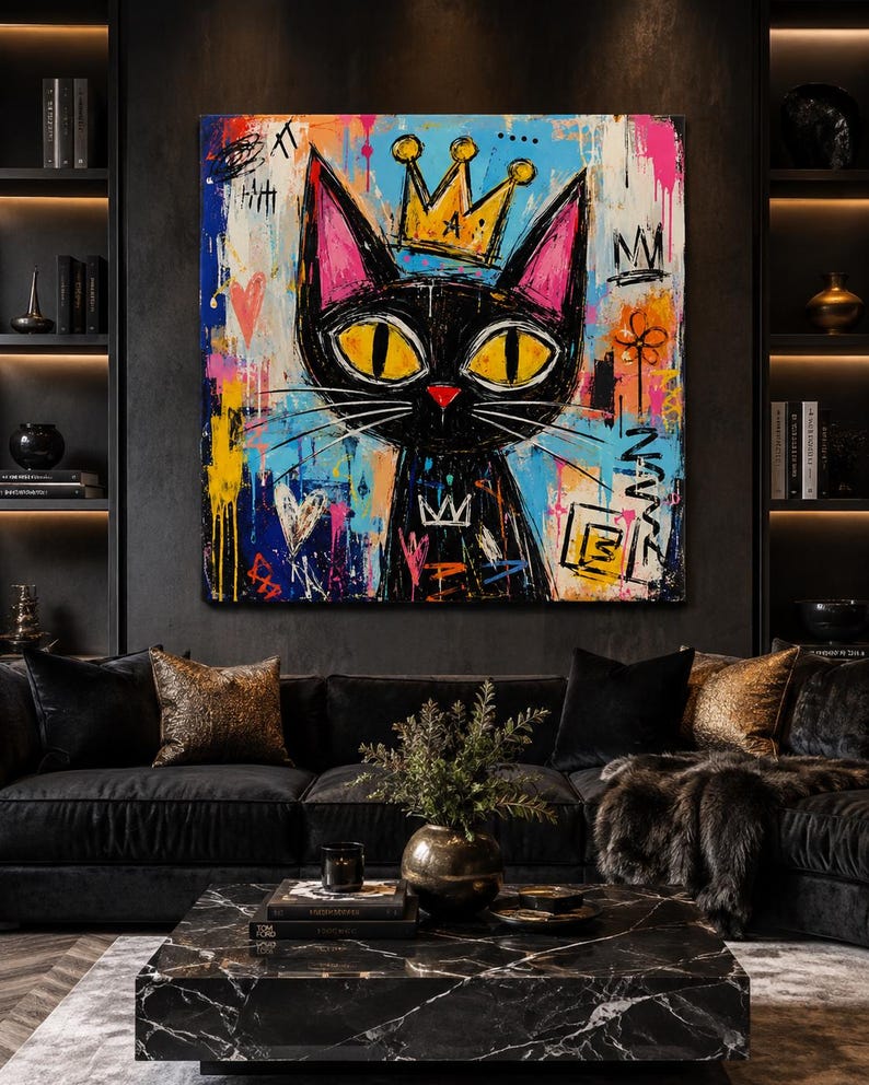 Pode incluir: Uma pintura em tela quadrada apresentando um gato preto estilizado com grandes olhos amarelos e uma coroa dourada. O fundo &eacute; uma mistura vibrante de respingos de tinta azul, rosa e amarela com rabiscos pretos, cora&ccedil;&otilde;es e coroas.