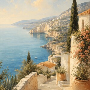 Puede incluir: Una pintura al &oacute;leo de una escena costera mediterr&aacute;nea con una escalera de piedra que desciende hacia un mar azul profundo. Cipreses altos, tejados de terracota y grandes macetas de barro con flores rosas enmarcan la vista del paisaje.