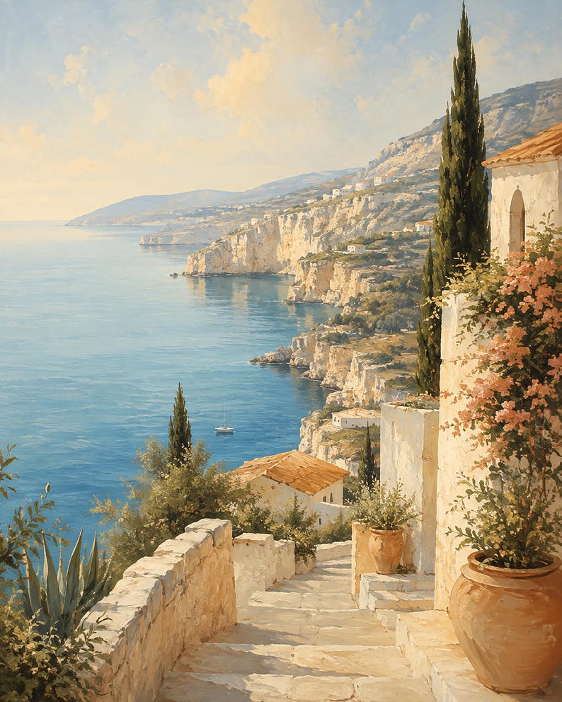 Puede incluir: Una pintura al &oacute;leo de una escena costera mediterr&aacute;nea con una escalera de piedra que desciende hacia un mar azul profundo. Cipreses altos, tejados de terracota y grandes macetas de barro con flores rosas enmarcan la vista del paisaje.