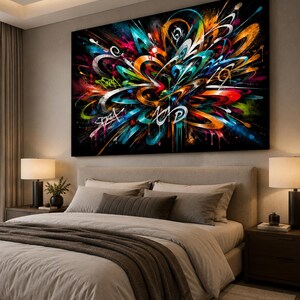 May include: A large rectangular wall art piece featuring a vibrant abstract graffiti composition on a black background. The artwork displays swirling shapes in bright shades of orange, teal, blue, and red, with white calligraphic lines.