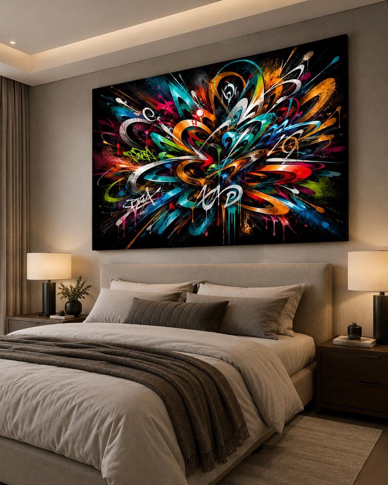 May include: A large rectangular wall art piece featuring a vibrant abstract graffiti composition on a black background. The artwork displays swirling shapes in bright shades of orange, teal, blue, and red, with white calligraphic lines.