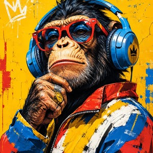 May include: A chimpanzee wearing bright red-rimmed glasses and large blue headphones over a colorful jacket with red, blue, and white paint-splatter patterns. The chimpanzee has a gold ring on its finger and a crown graphic on the yellow background.